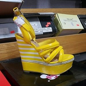yellow and white wedge heels NWT